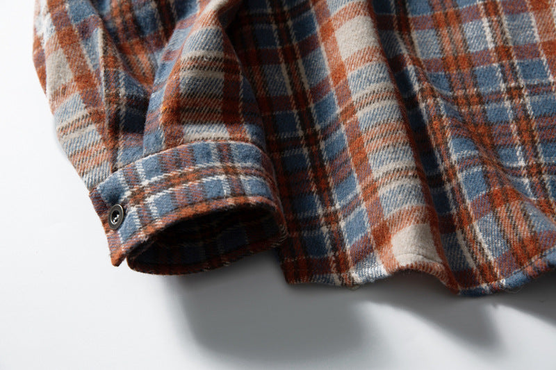 Men's Red Plaid Shirt Oversized Denim-Splice Faux Two-Piece Button-Down