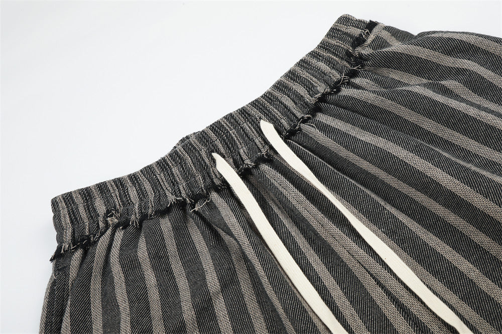 Wide-Leg Striped Drawstring Pants – Vintage Distressed Raw-Hem