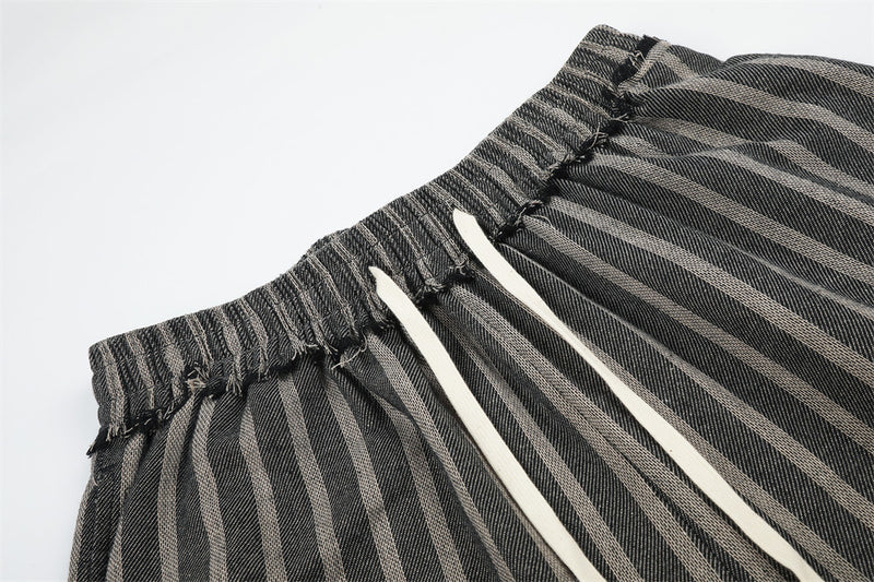 Wide-Leg Striped Drawstring Pants – Vintage Distressed Raw-Hem