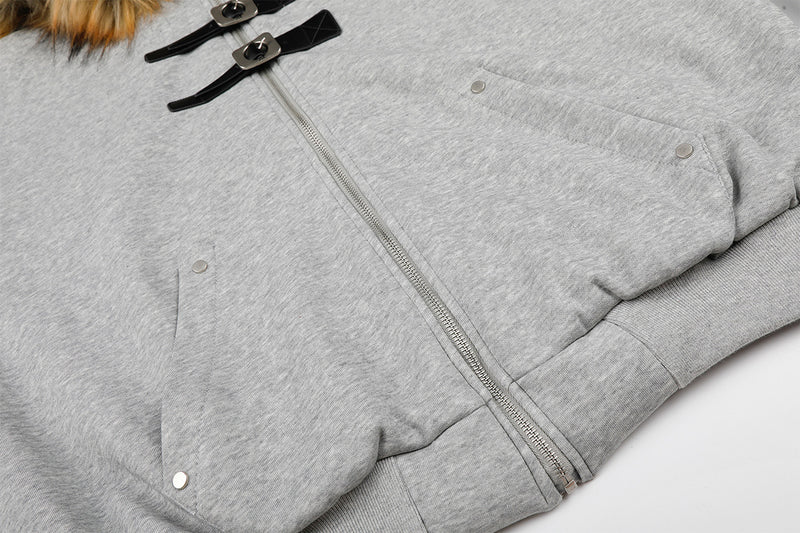 Faux Fur Trim Hooded Zip Jacket with Sherpa Lining & Buckle Detail