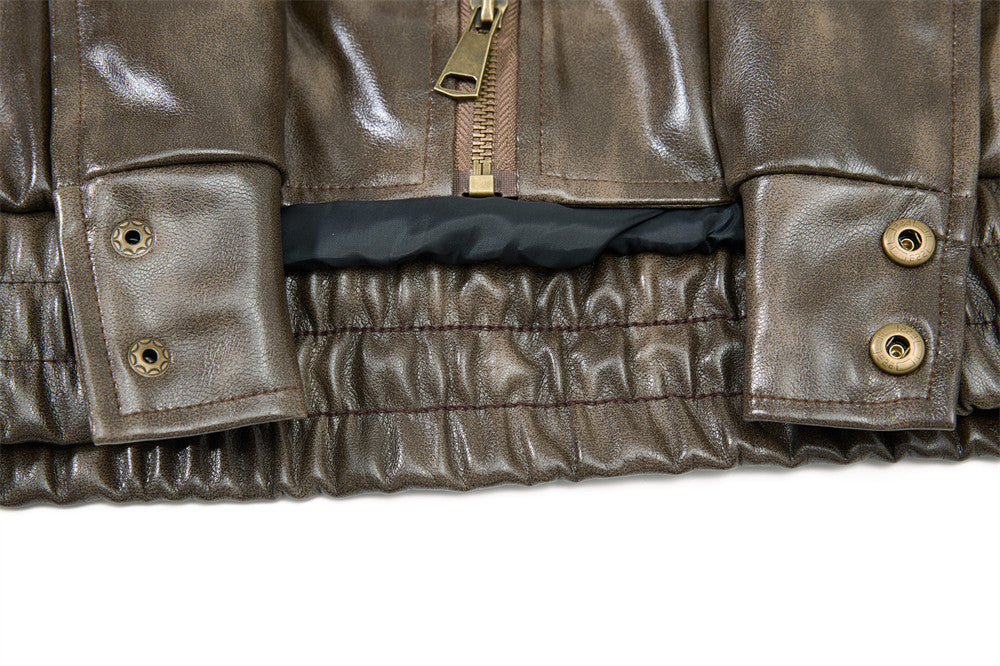 Men's Distressed Glossy PU Leather Bomber Jacket with Stand Collar & Diagonal