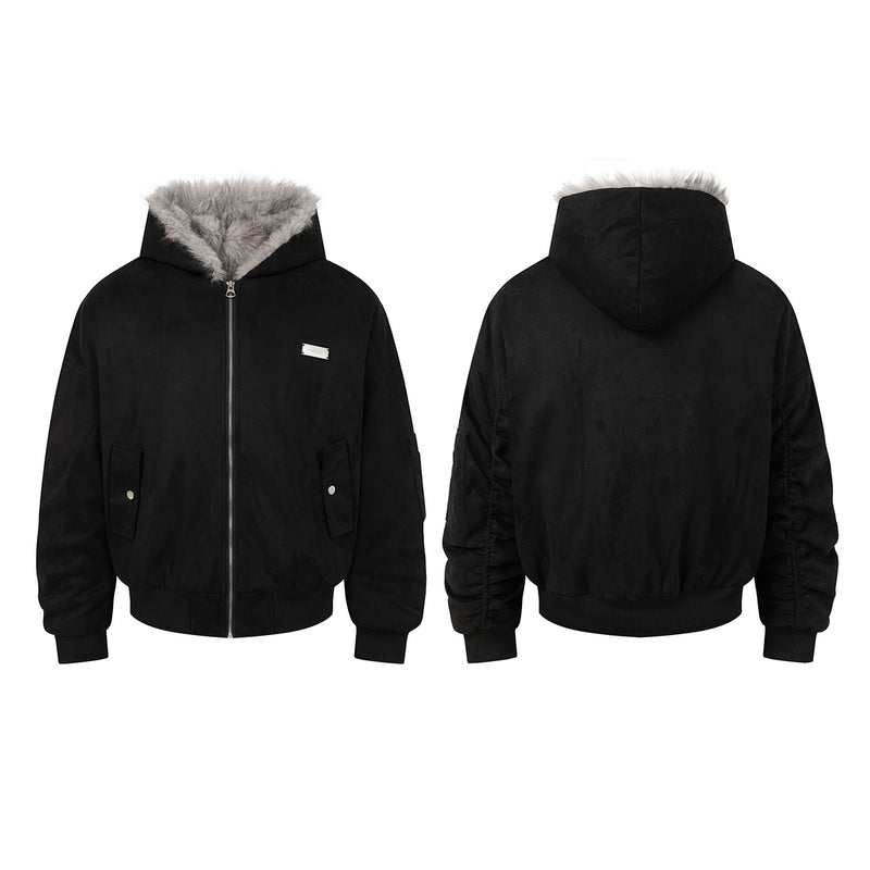 Bomber en suédine avec capuche en fausse fourrure – Manteau d’hiver oversize