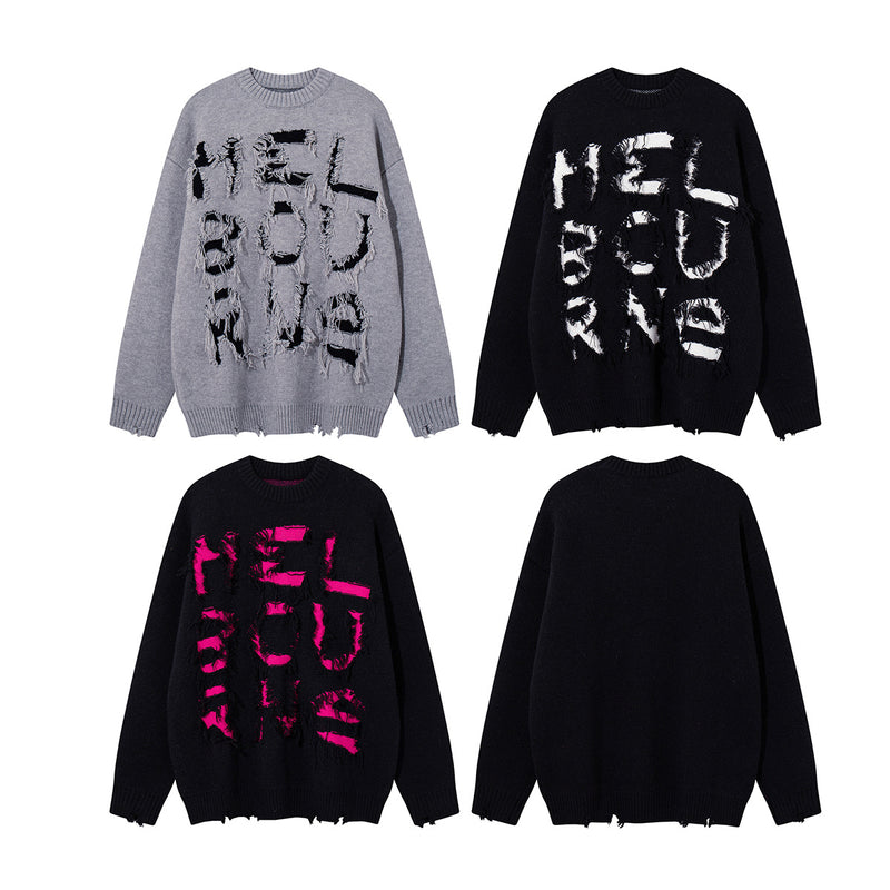 Melbourne Distressed Fringe Knit Sweater – Oversized Streetwear Crewneck