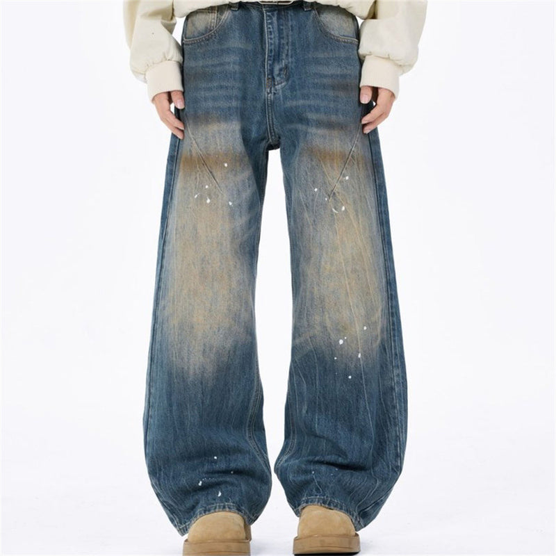 Baggy Jeans with Designs – Men's Vintage Distressed Wide-Leg Denim Pants