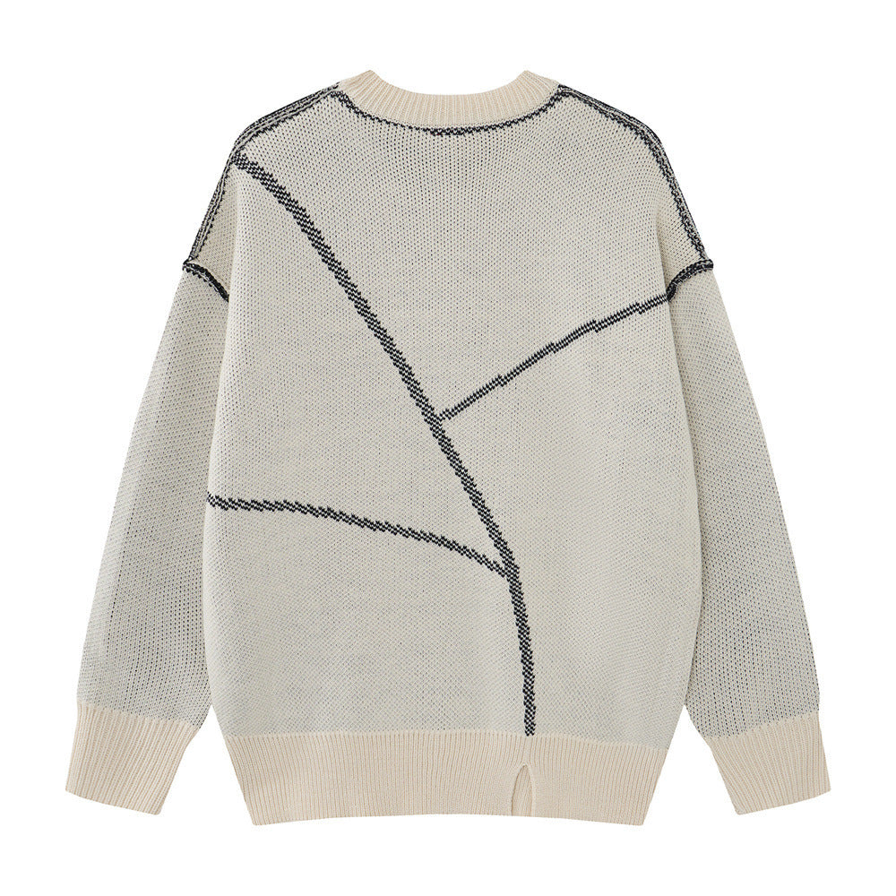 Men Crew Neck Sweater Oversized Star Knit Distressed Colorblock