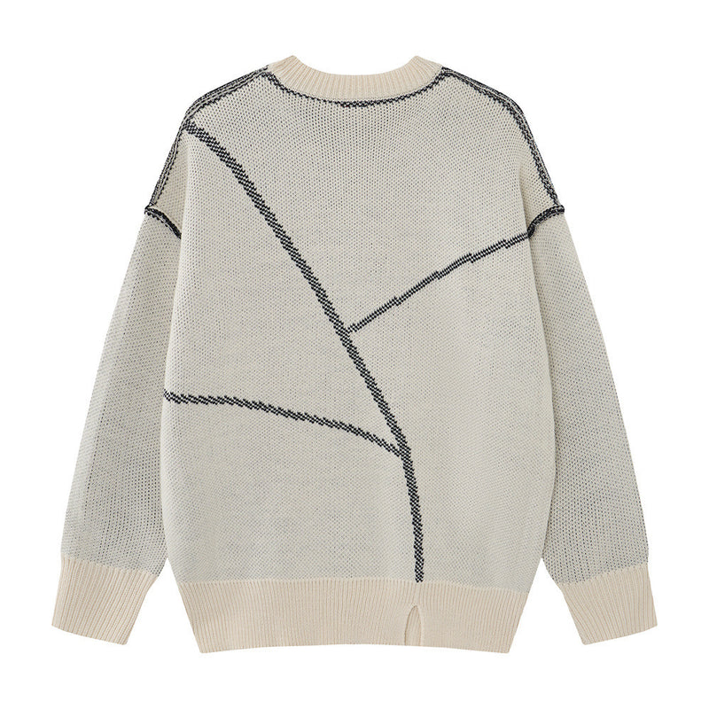 Men Crew Neck Sweater Oversized Star Knit Distressed Colorblock