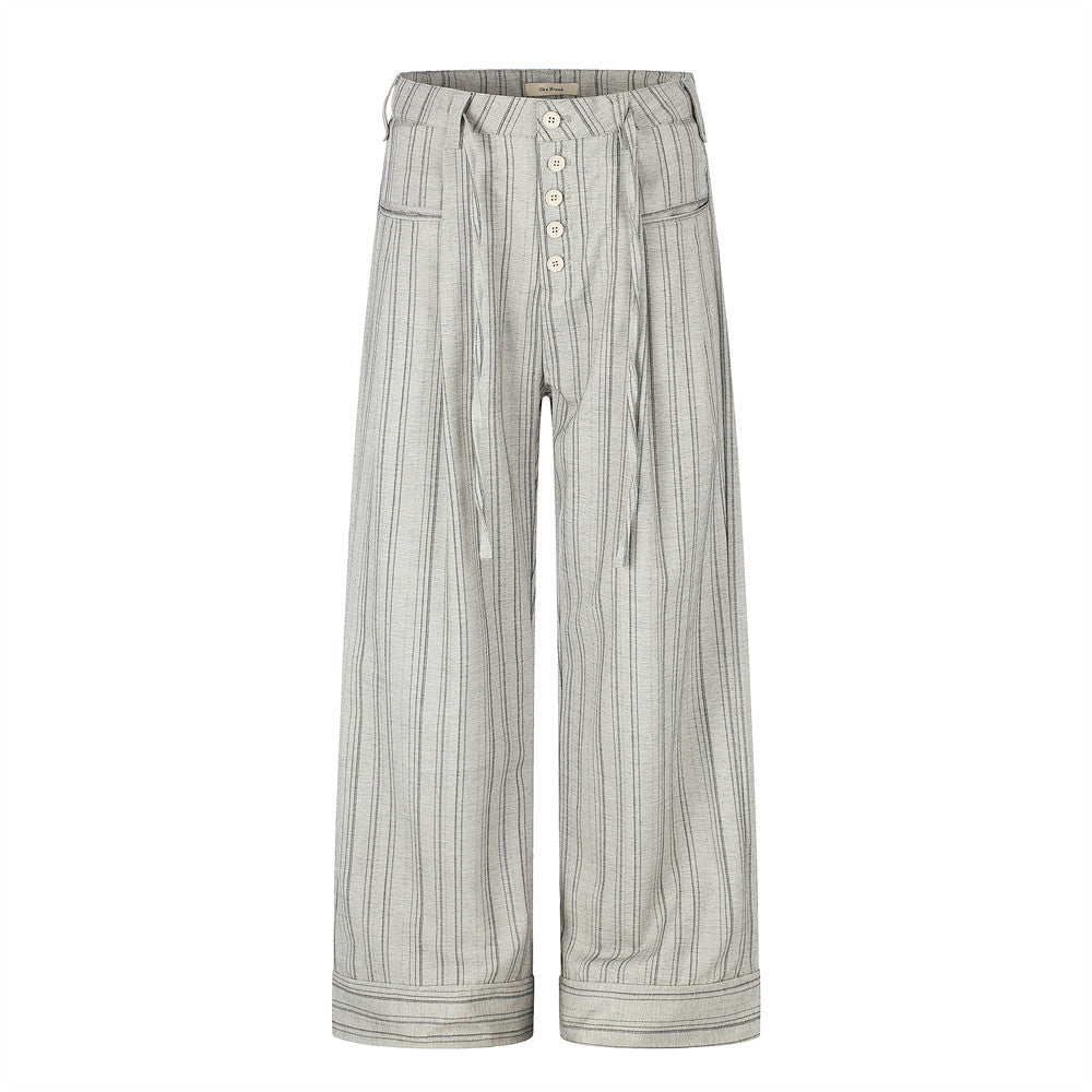 Wide-Leg Striped Trousers – Button-Fly Pleated Straight-Cut Pants
