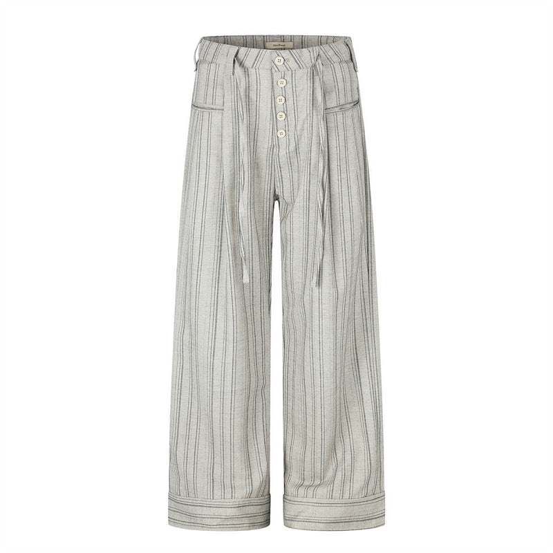 Wide-Leg Striped Trousers – Button-Fly Pleated Straight-Cut Pants