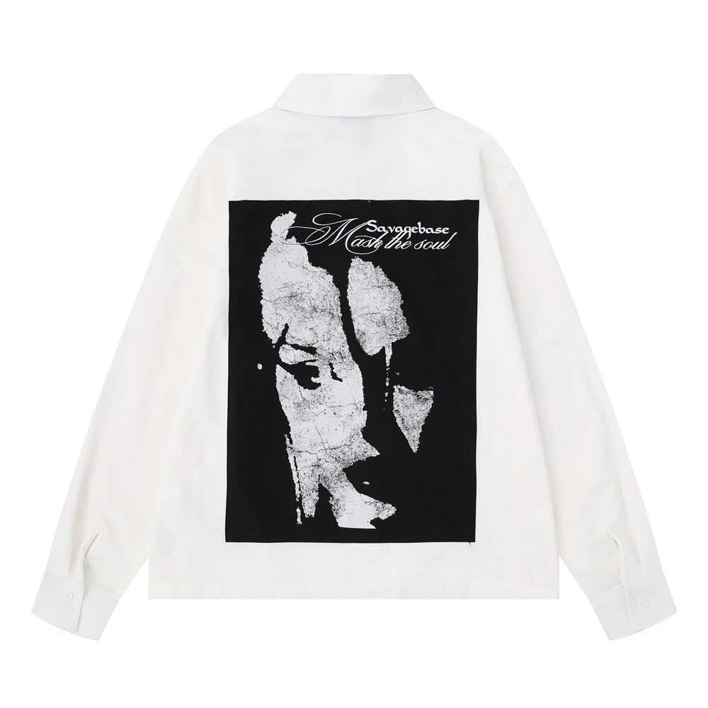 Abstract Face Print Long Sleeve Shirt – Oversized Relaxed Fit Button-Up