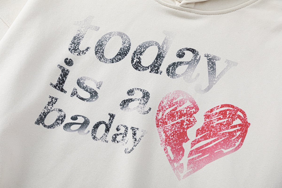 Broken Heart Hoodie mit Grafik – „Today Is a Bad Day“, Distressed-Print, Oversized