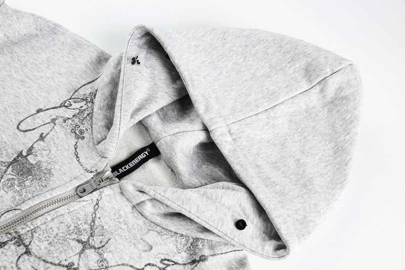 Faux Fur Trim Half-Zip Hoodie with Gothic Floral Graphic Print