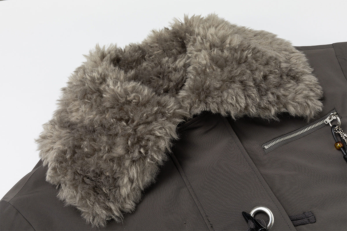 Fur Collar Cotton-Padded Bomber Jacket with Horn Toggle Buttons – Dark Grey