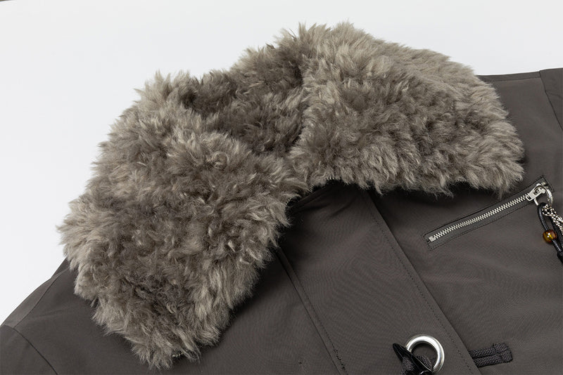 Fur Collar Cotton-Padded Bomber Jacket with Horn Toggle Buttons – Dark Grey