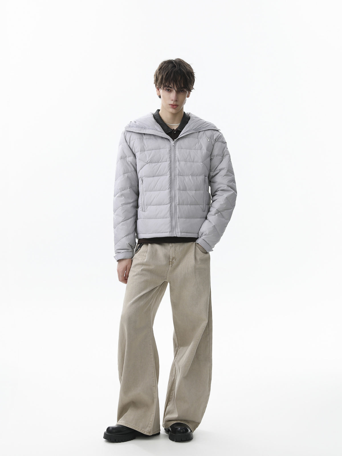 Hooded Puffer Down Jacket – Quilted Winter Coat in Light Gray & Black