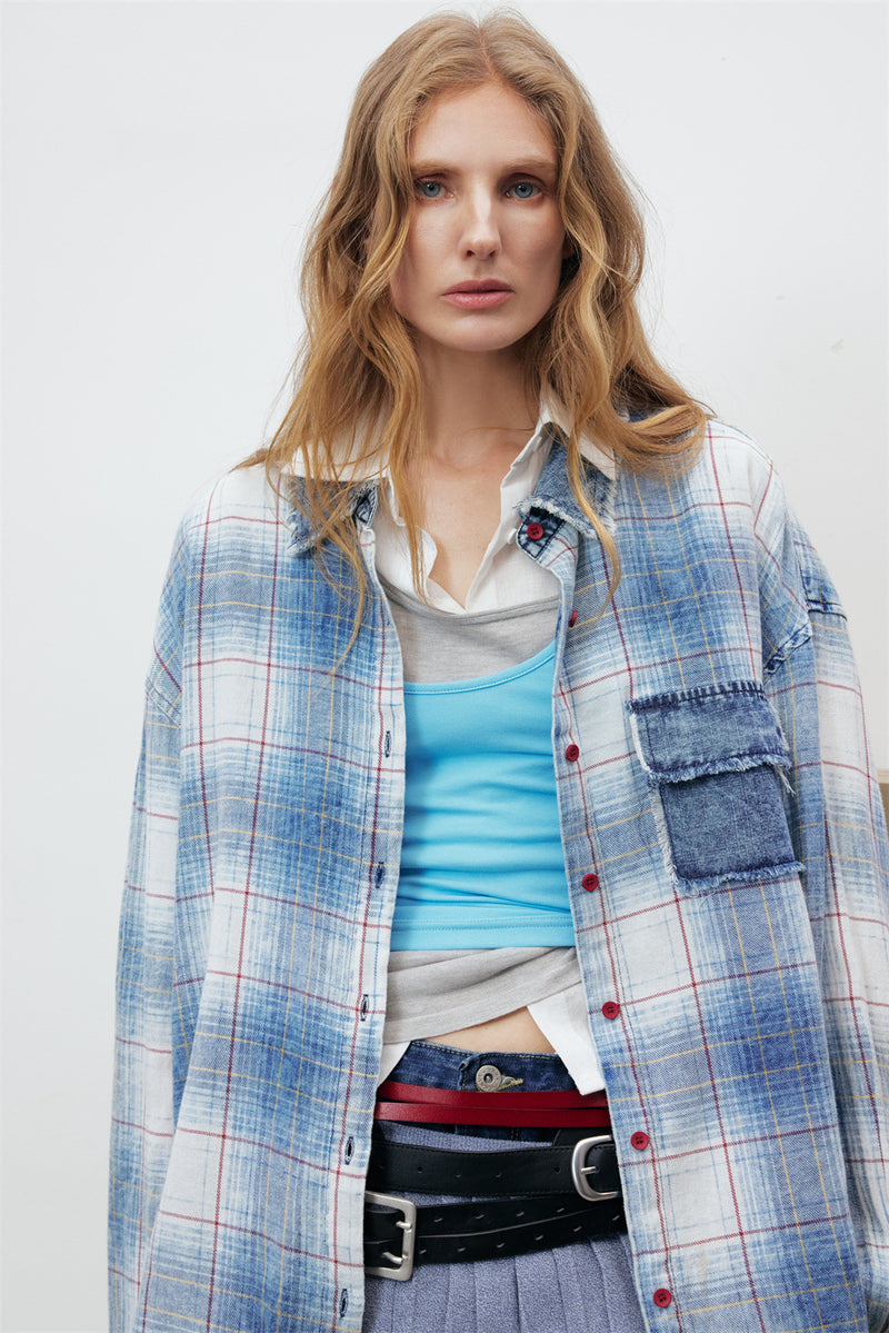 Oversized Washed Plaid Long Sleeve Shirt with Denim Patch Detail
