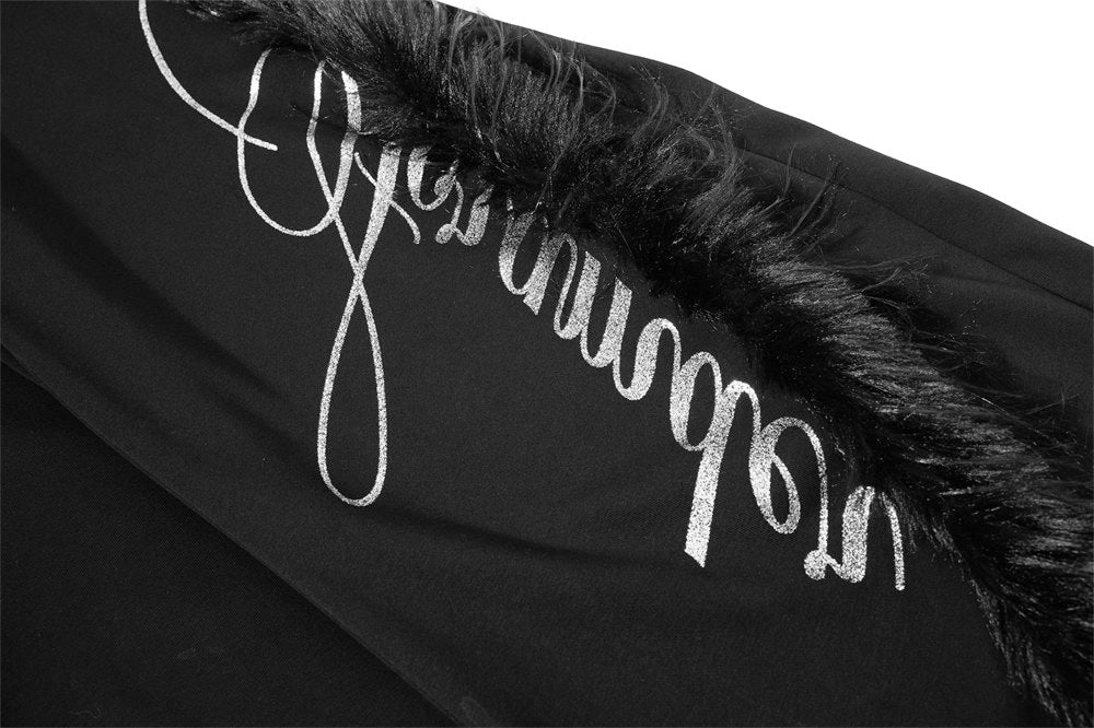 Black Baggy Wide-Leg Pants – Feather Trim & Rhinestone Script Detail