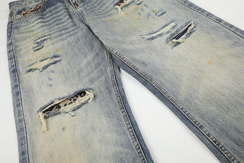 Jean baggy bleu clair à poches léopard – Denim large délavé et déchiré