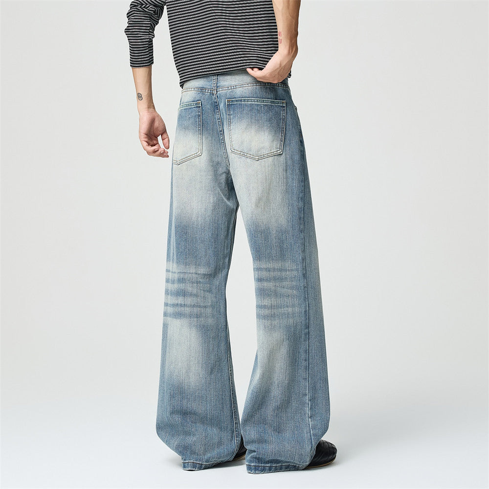 Wide-Leg Baggy Jeans – Men's Light Blue Vintage Washed Straight Denim