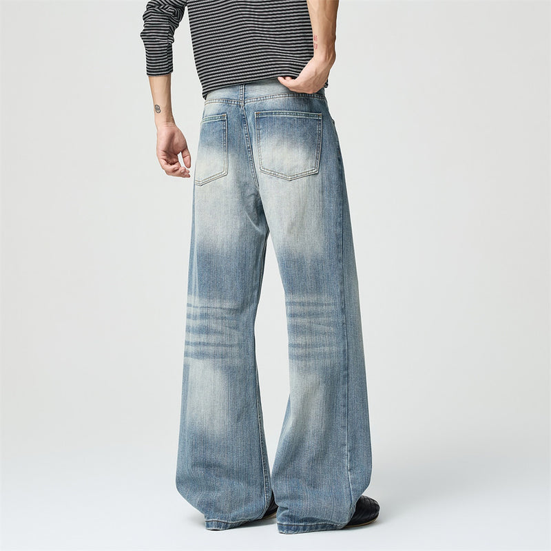 Wide-Leg Baggy Jeans – Men's Light Blue Vintage Washed Straight Denim