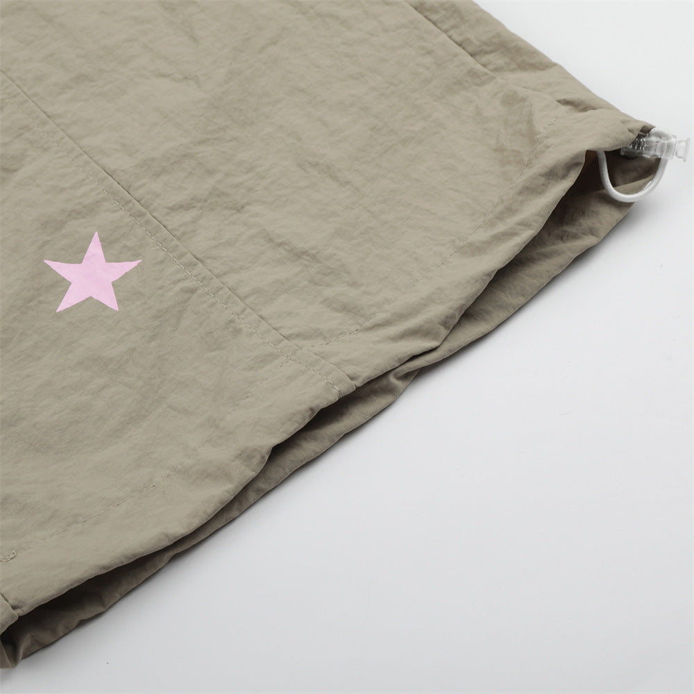 Star Print Wide Leg Parachute Pants – Drawstring Baggy Track Trousers