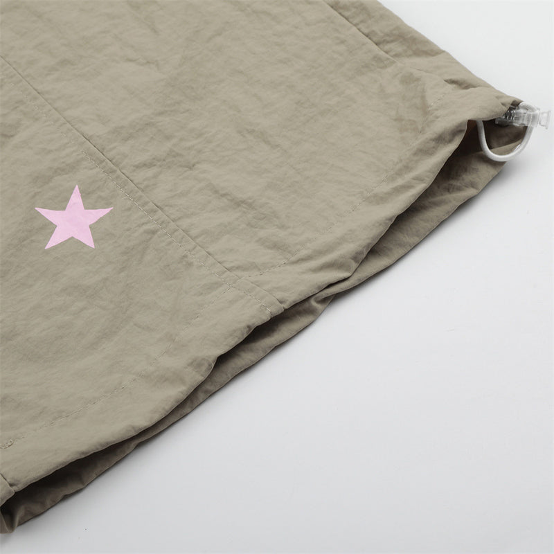 Star Print Wide Leg Parachute Pants – Drawstring Baggy Track Trousers