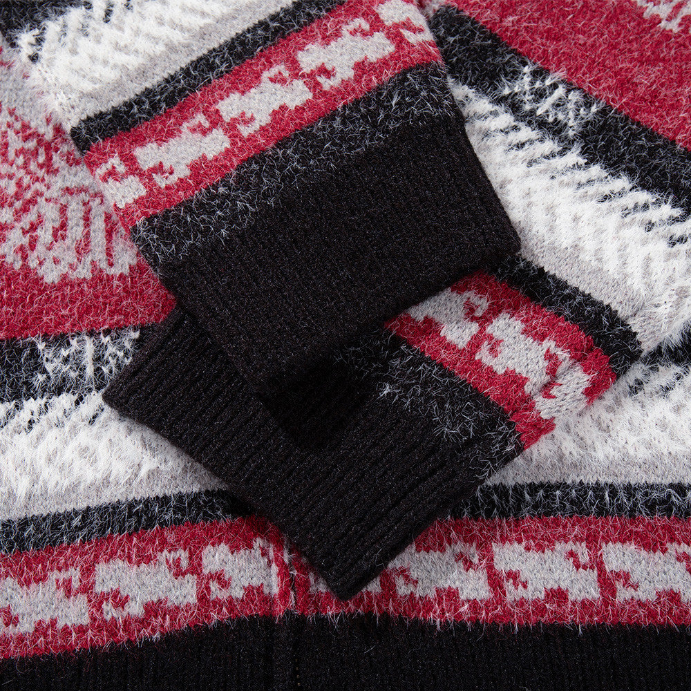Jacquard-Strick-Cardigan mit Reißverschluss, Kapuze und Kunstfellkragen