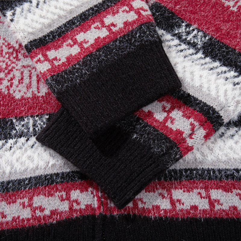 Jacquard-Strick-Cardigan mit Reißverschluss, Kapuze und Kunstfellkragen