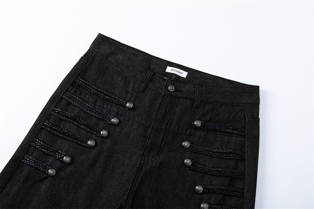 Men's Black Wide-Leg Jeans with Double-Breasted Buttons & Braided Detail