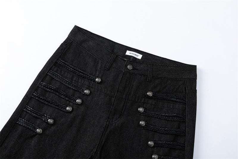 Men's Black Wide-Leg Jeans with Double-Breasted Buttons & Braided Detail