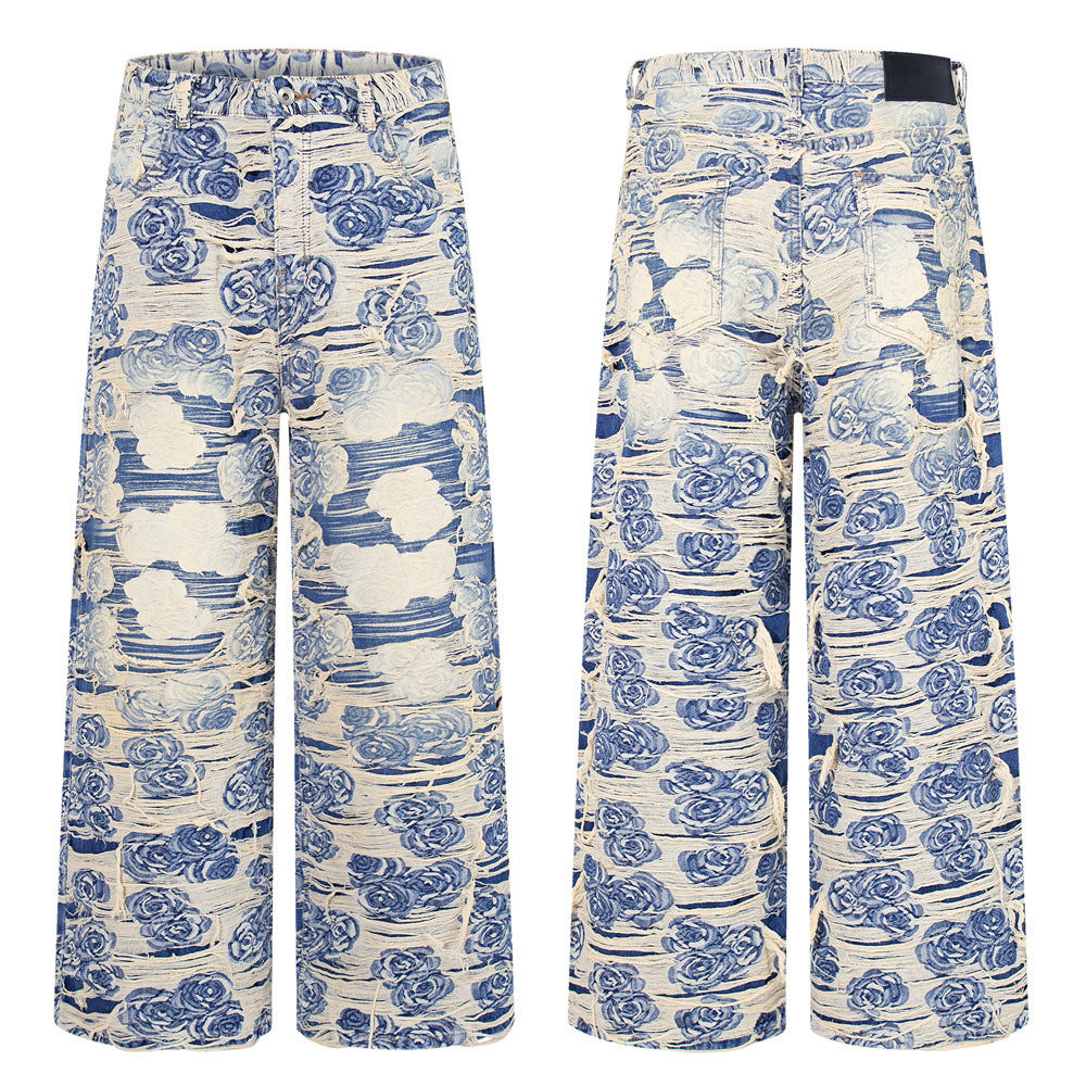 Rose Jacquard Distressed Wide-Leg Jeans – Blue Floral Fringe Denim