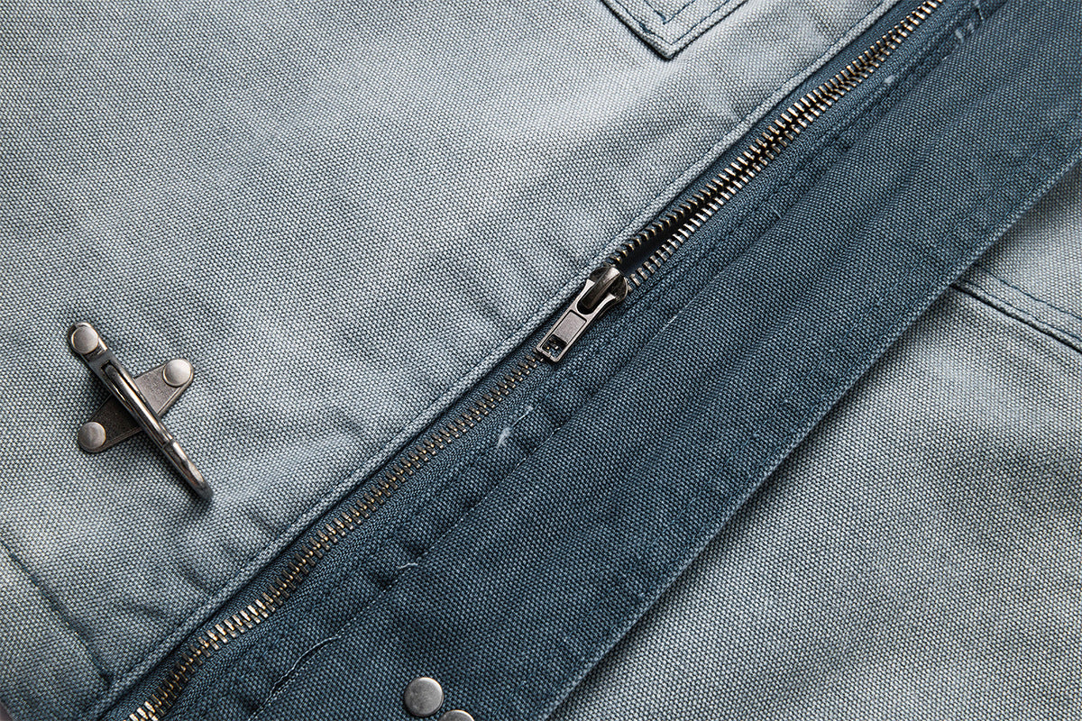 Boxy Washed Denim Workwear Jacket with Corduroy Collar & Clasp Closure