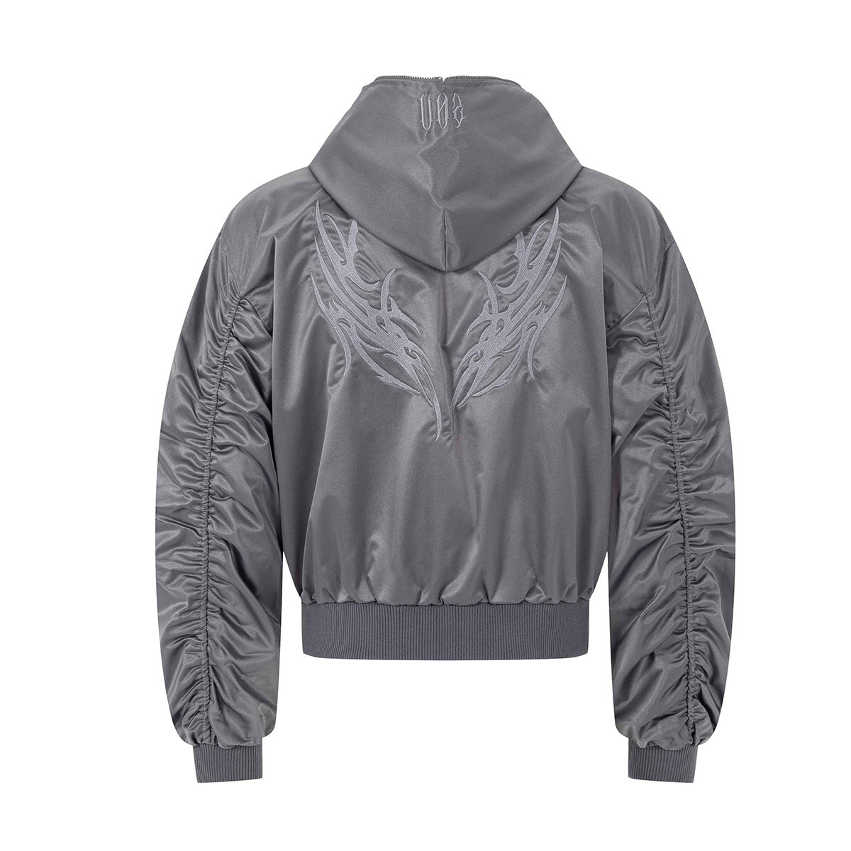 Bomberjacke mit Tribal-Stickerei und Kapuze – Kastiger Gothic-Streetwear-Look