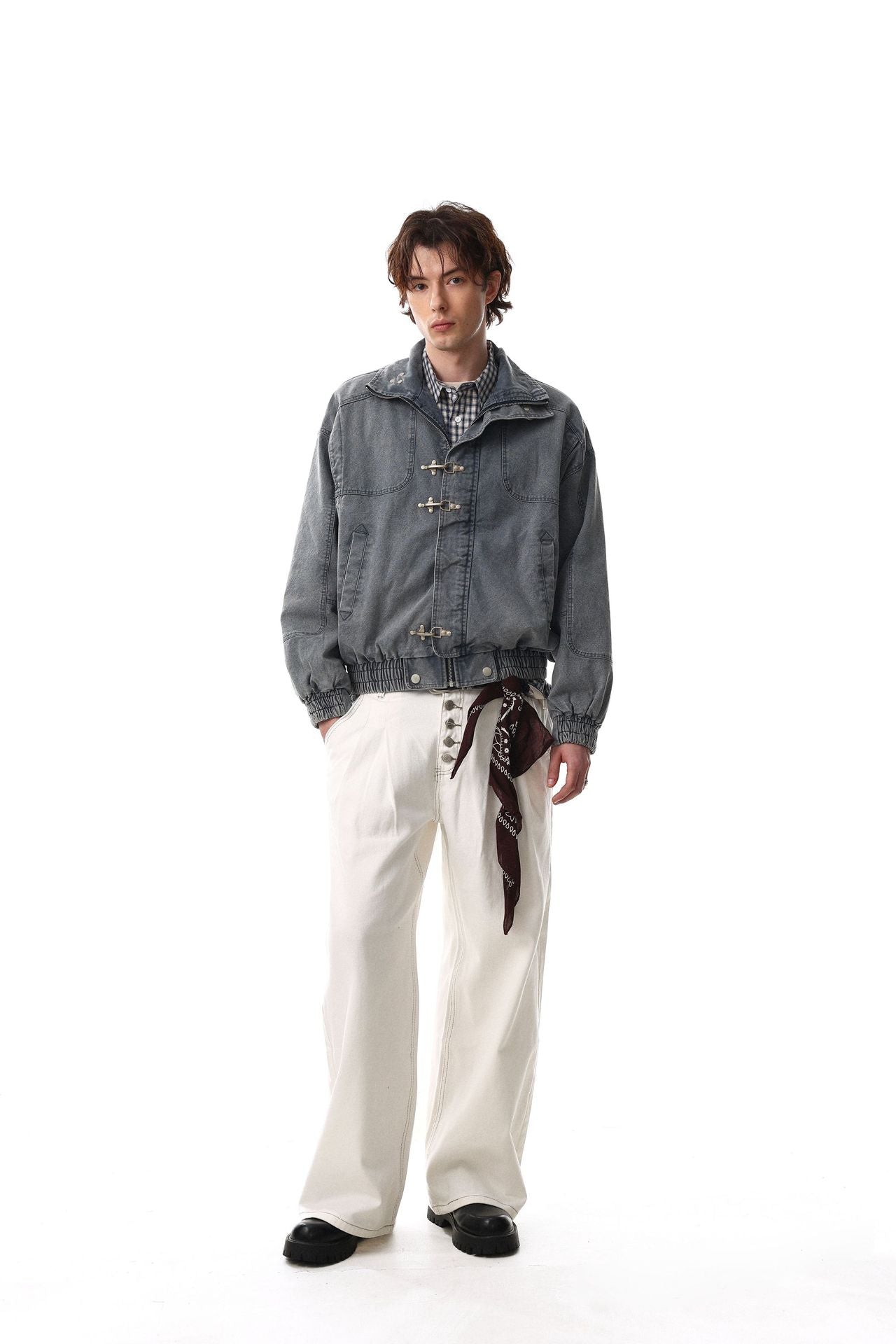 Veste Harrington en denim délavé avec fermoirs métalliques – Gris délavé à l'acide