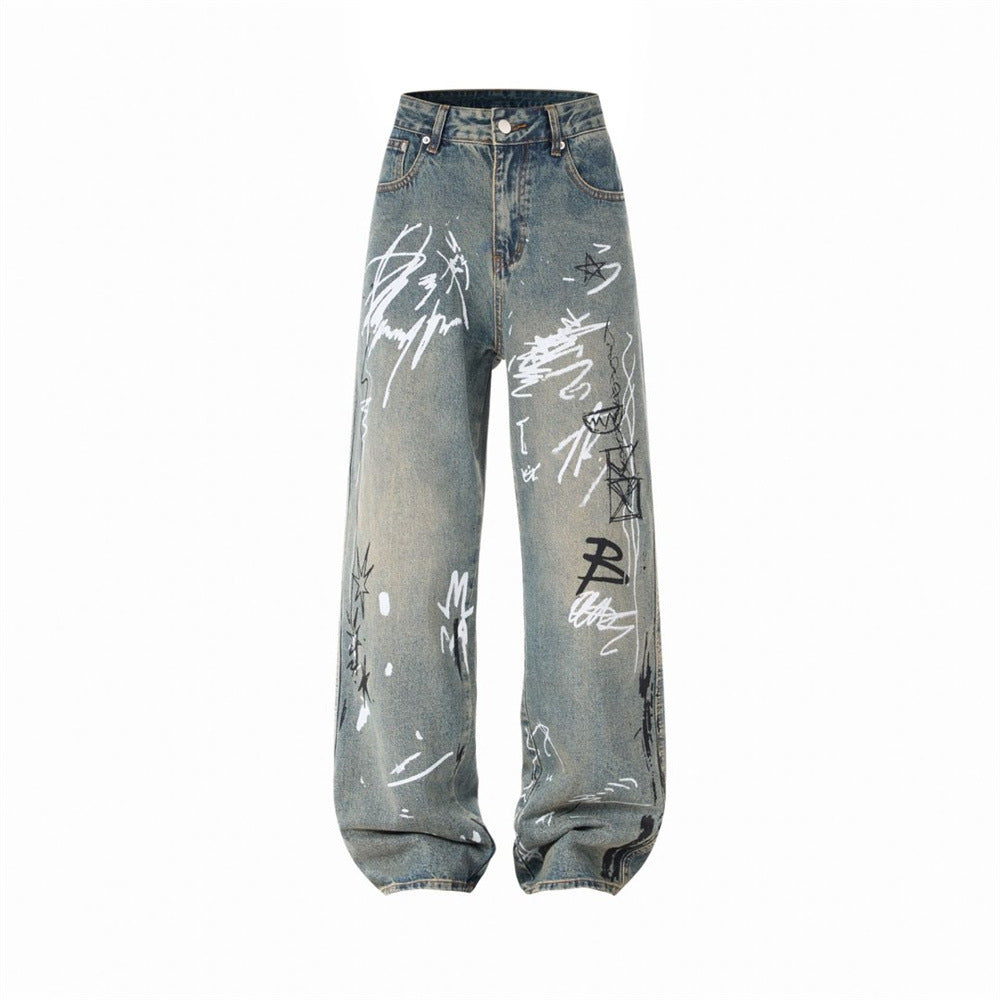 Graffiti Print Wide-Leg Jeans – Punk Streetwear Straight Baggy Denim