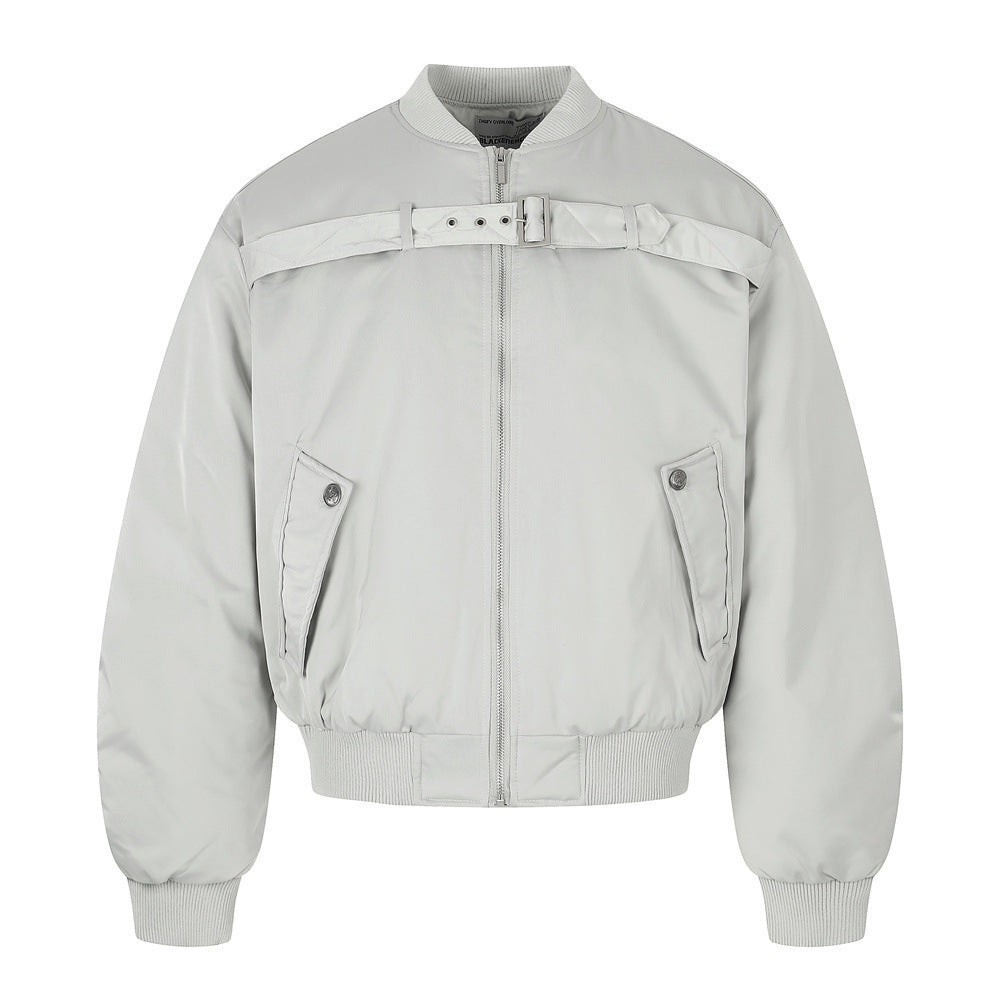 Bomber Jacket Men Oversized Buckle Strap Stand Collar Padded Outerwear