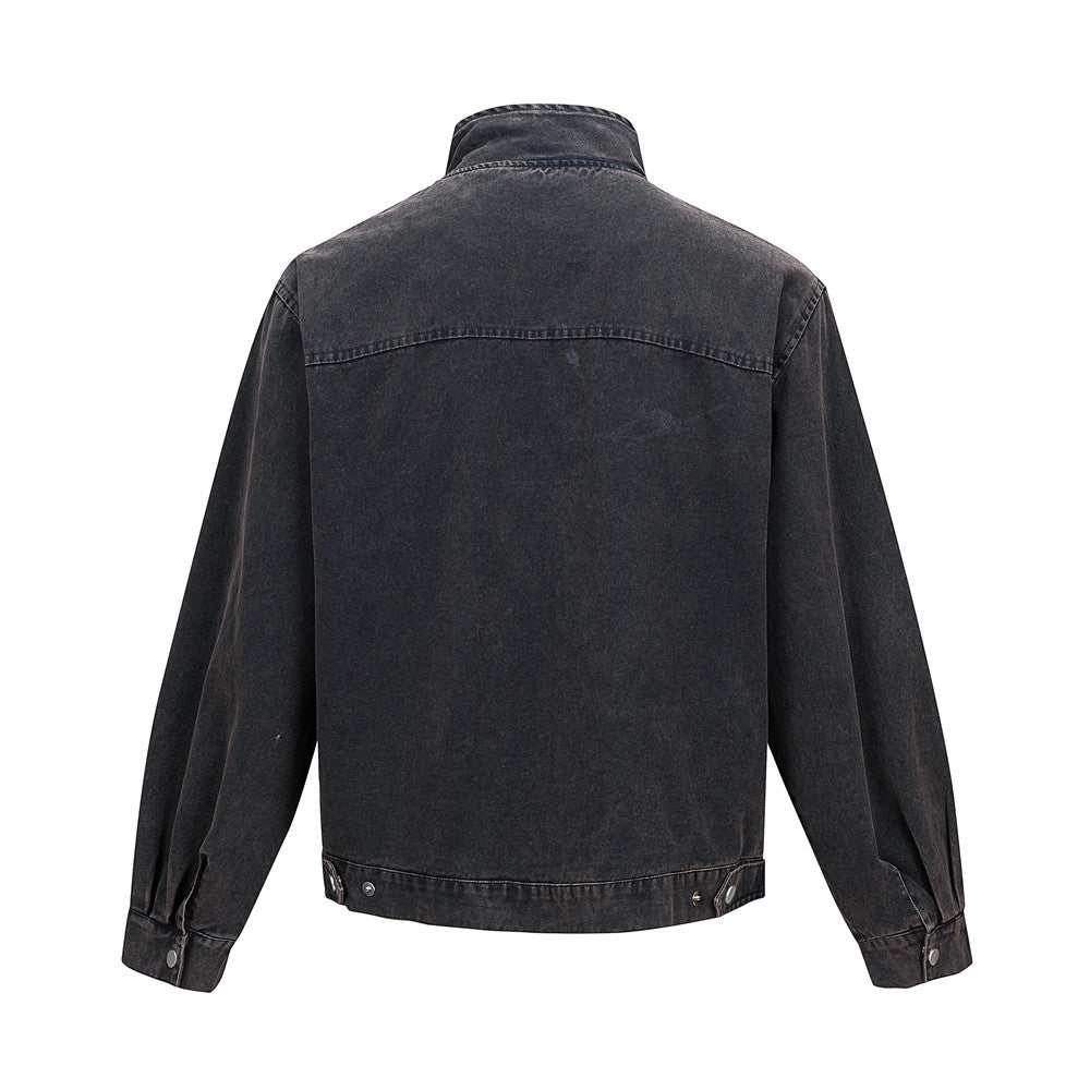 Men's Washed Denim Stand Collar Jacket with Metal Clasp