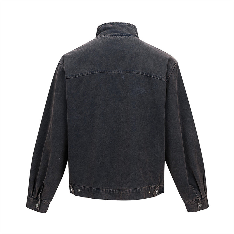 Men's Washed Denim Stand Collar Jacket with Metal Clasp