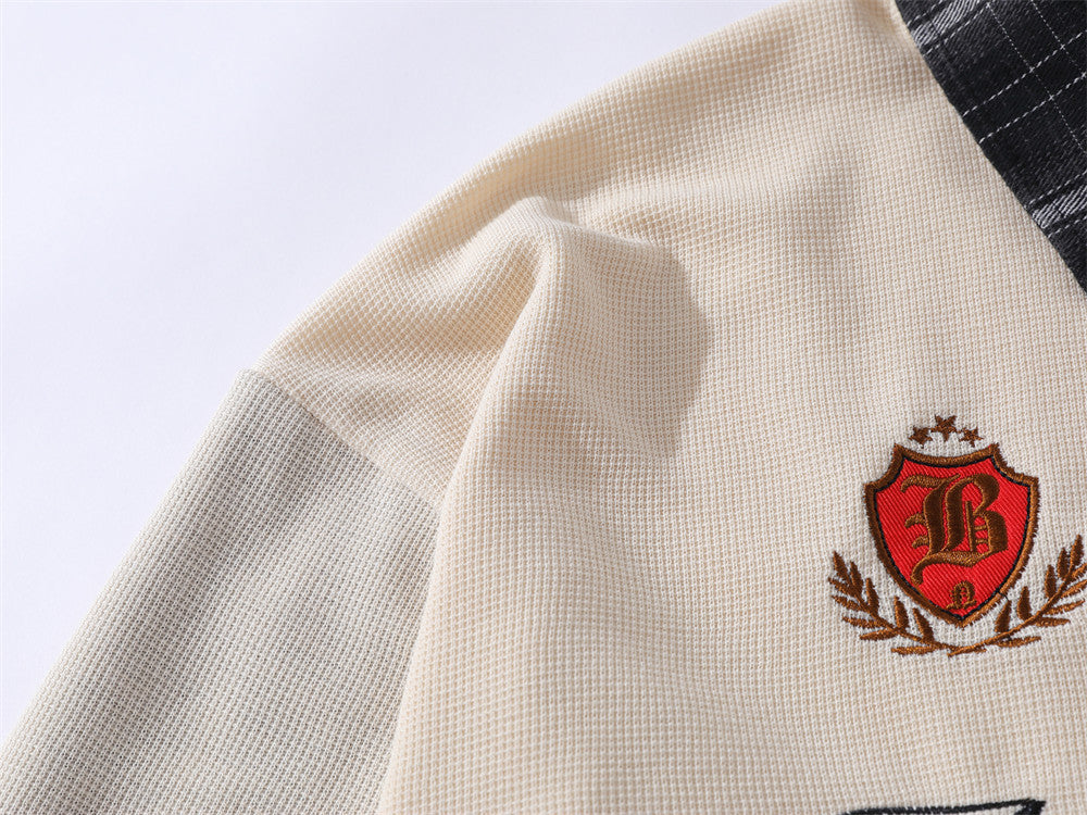 Faux Two-Piece Plaid Splice Long Sleeve Polo Shirt – Oversized Collegiate Style