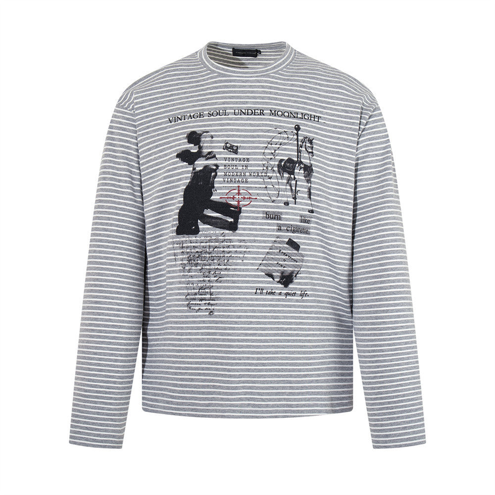 Grey and white striped long-sleeve graphic t-shirt with Vintage Soul Under Moonlight collage print on chest