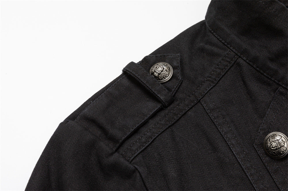Black Double-Breasted Military Jacket – Stand Collar Structured Workwear Coat