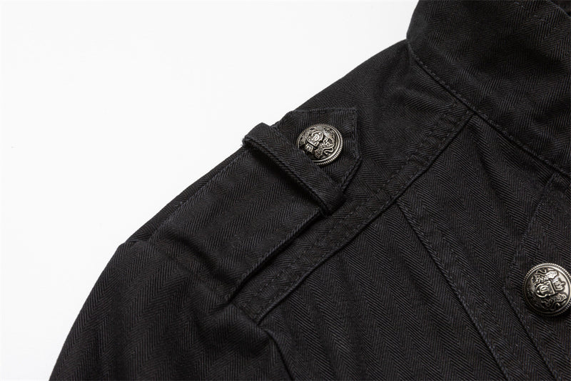 Black Double-Breasted Military Jacket – Stand Collar Structured Workwear Coat
