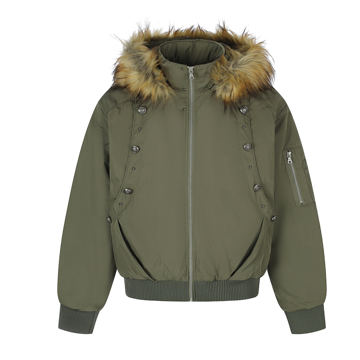 Fur-Trim Hood Bomber Jacket – Padded Winter Flight Coat with Double-Breasted