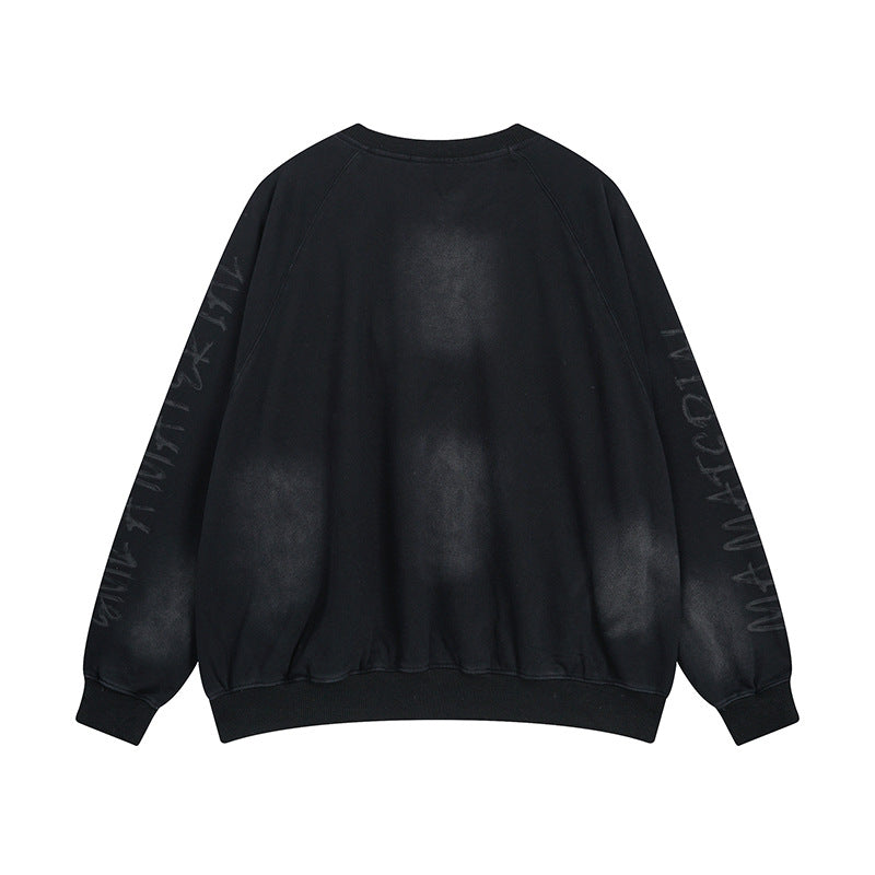 Men's Crew Neck Sweater Washed Distressed 'Material' Graphic Patch Sweatshirt