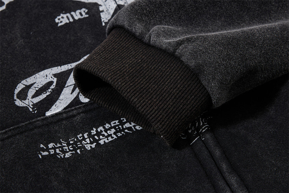 Punk Vintage Graphic Zip-Up Hoodie – Oversized Distressed Print Fleece