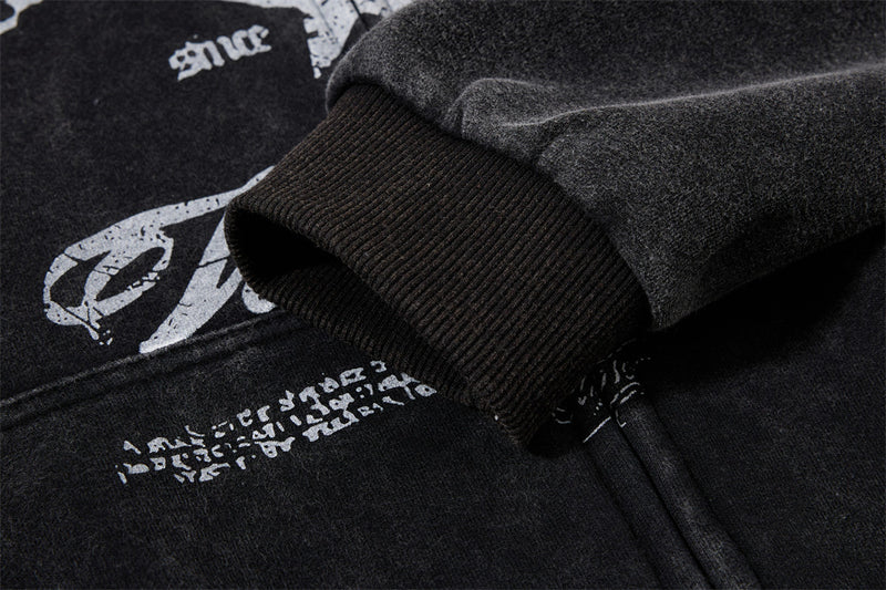 Punk Vintage Graphic Zip-Up Hoodie – Oversized Distressed Print Fleece