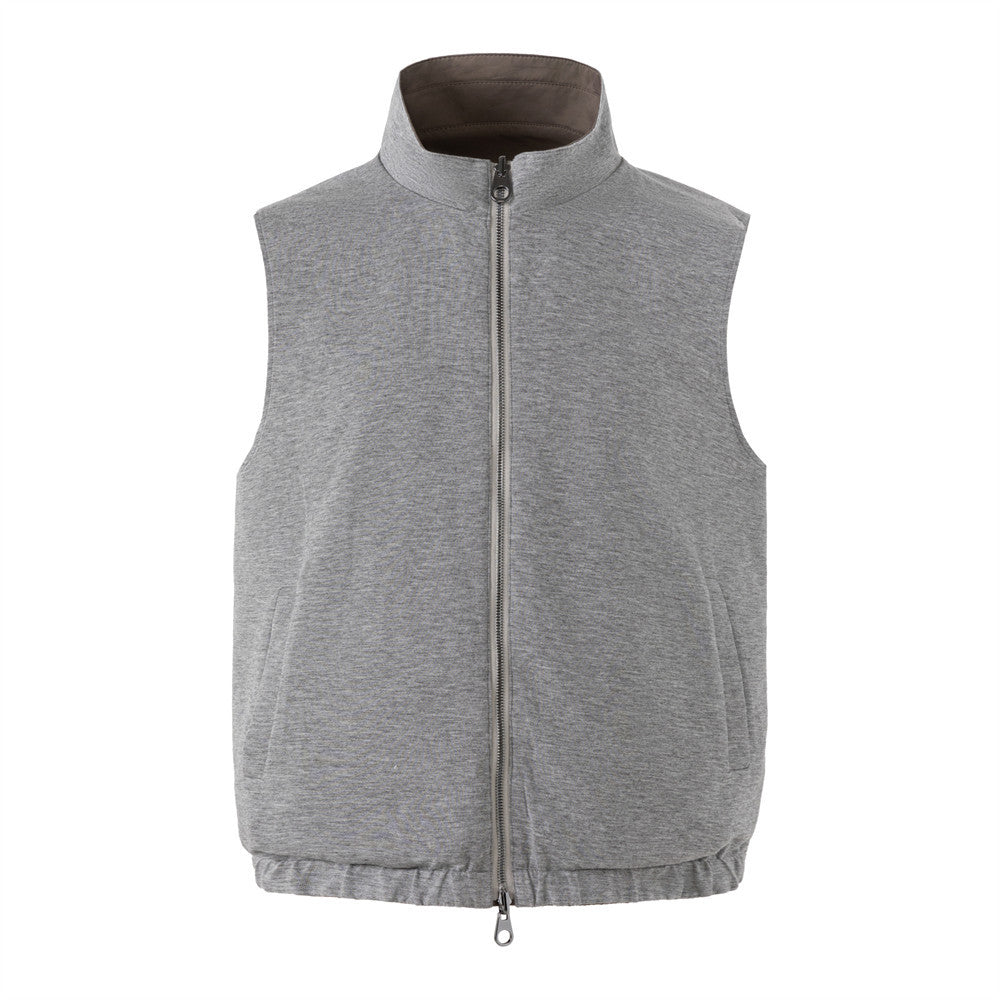 Reversible Stand Collar Vest – Men's Dual-Zip Sleeveless Gilet in Taupe &