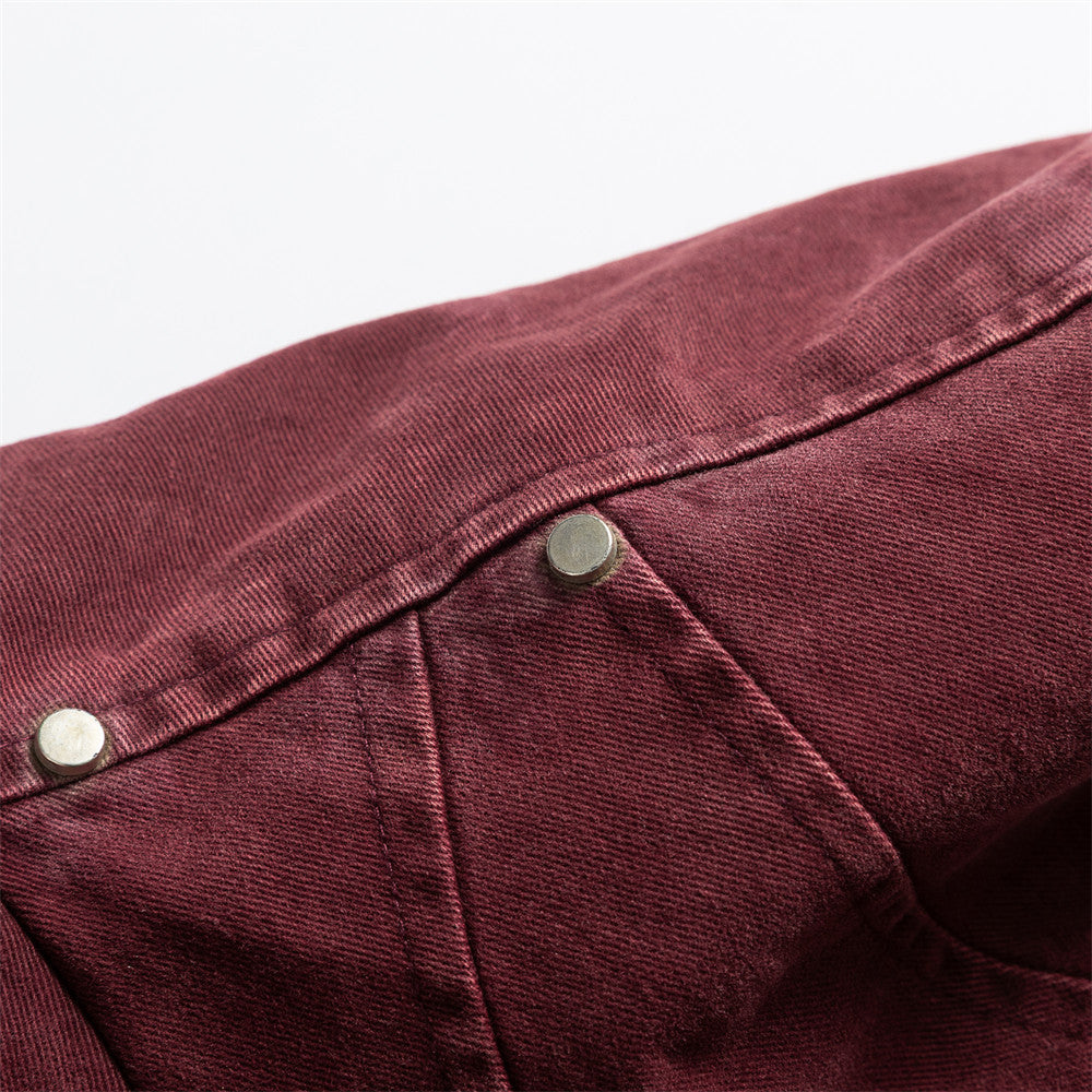 Men's Washed Denim Stand Collar Jacket with Metal Clasp