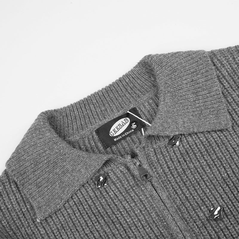 Ribbed Knit Zip-Up Cardigan Jacket – Oversized Fit with Metal Hardware Detail
