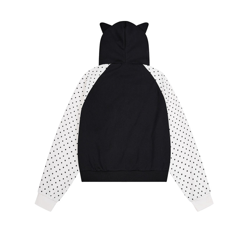 Hoodie zippé à oreilles de chat avec manches raglan étoilées et poches-pattes