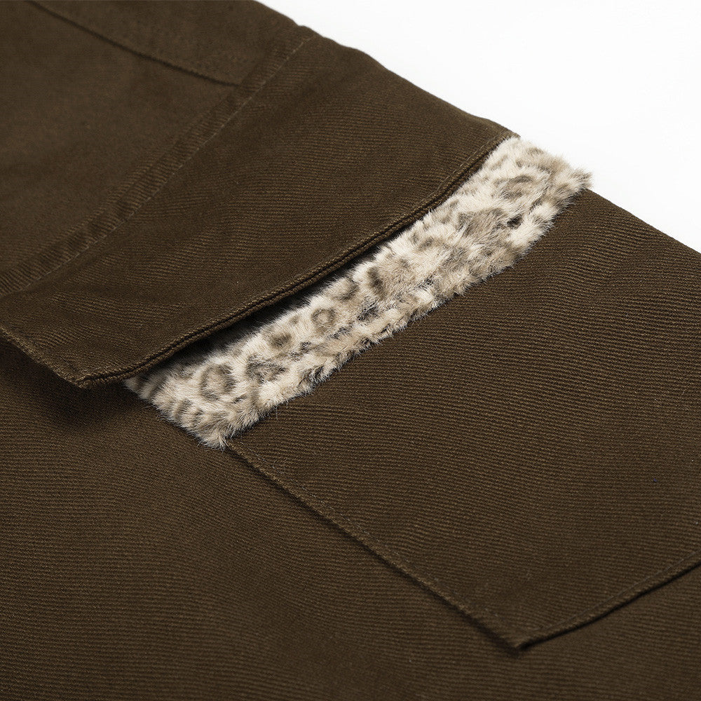 Men's Wide-Leg Cargo Pants with Leopard Fur Trim & Multi-Pocket Design